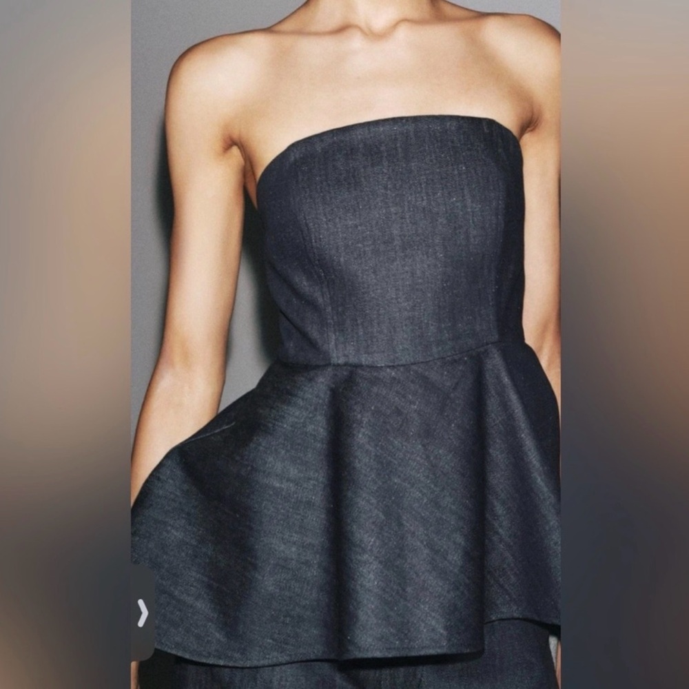 ZARA Denim strapless top Size Medium Asymmetric hem Hidden inseam zip closureNWT